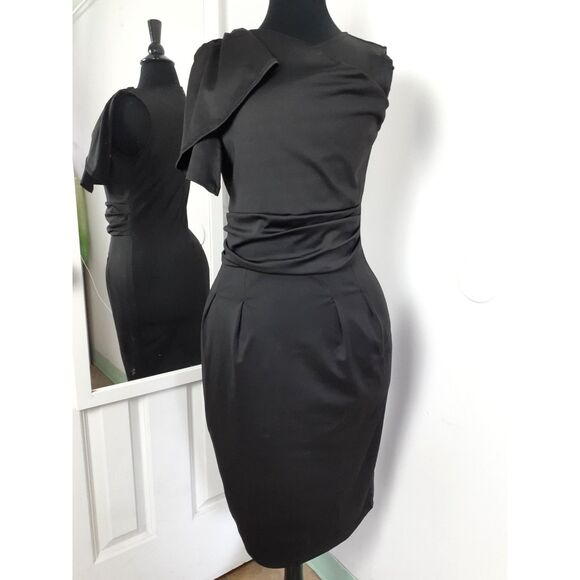 iHot Solid Black Jersey Draped Flutter Shoulder Pencil Sheath Midi Dress Med - Picture 1 of 14